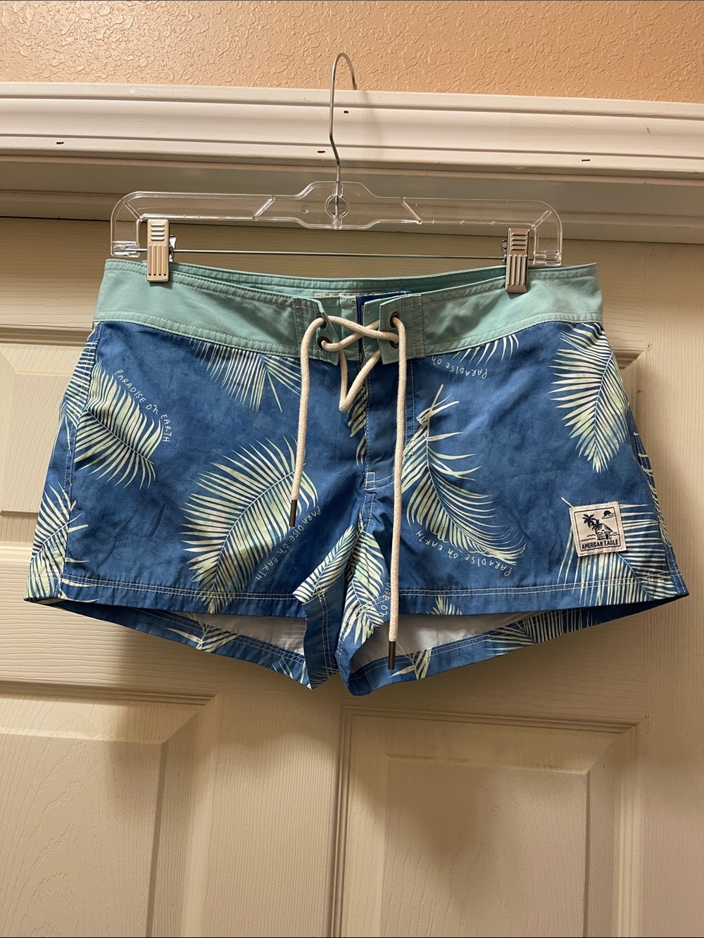 American Eagle Outfitters Blue Palm-Print Shorts with Mint Waistband